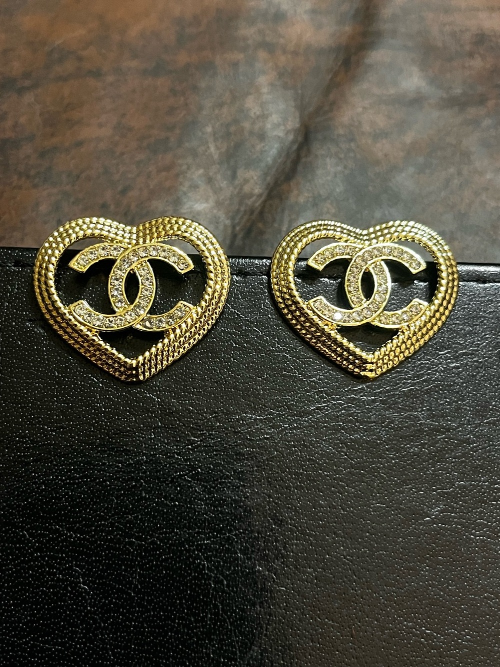 Double C Designer Gold Tone Heart Rhinestone Logo Stud Earrings